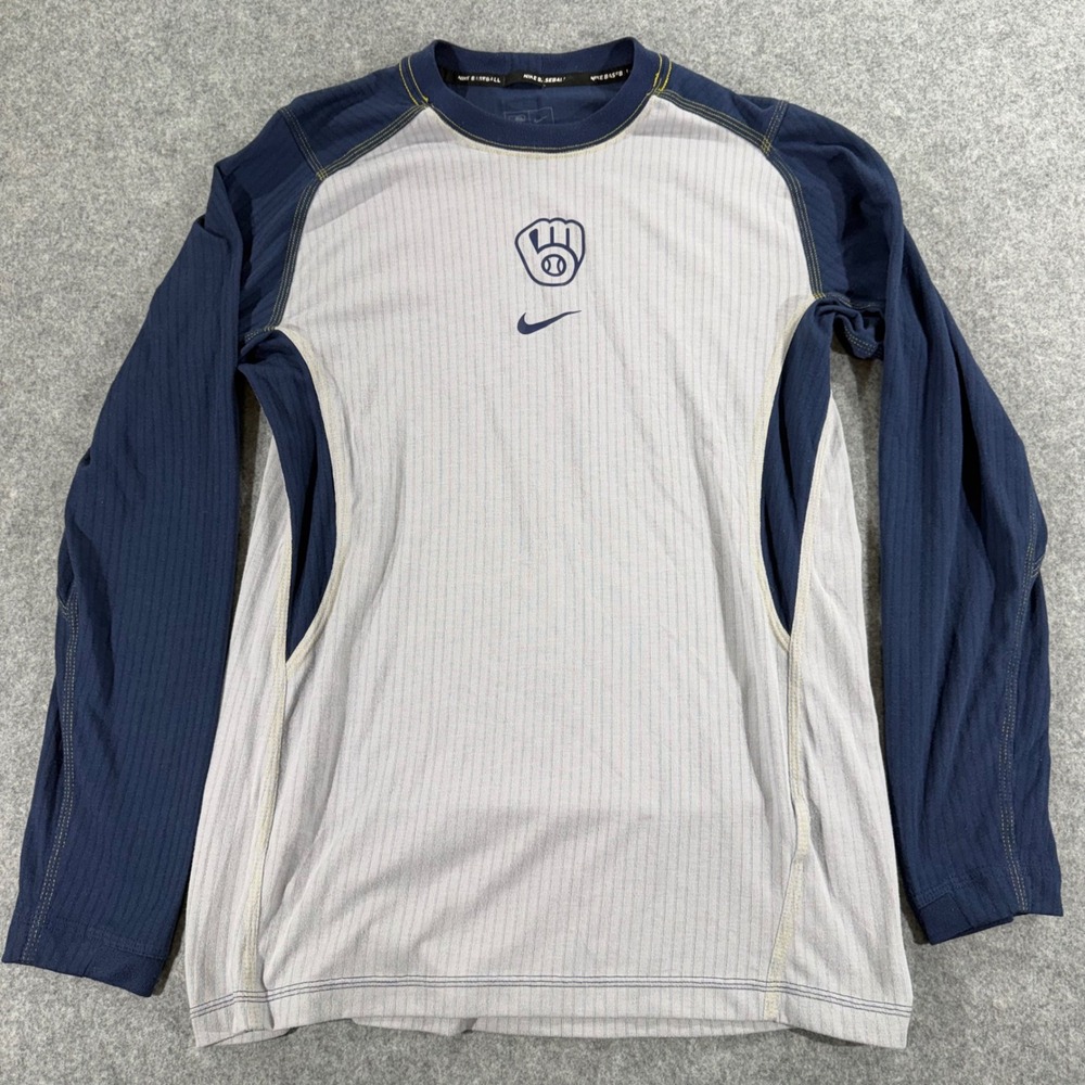 Nike Baseball Milwaukee Brewers Dri-FIT Long Sleeve Shirt Mens Large Grey Navy